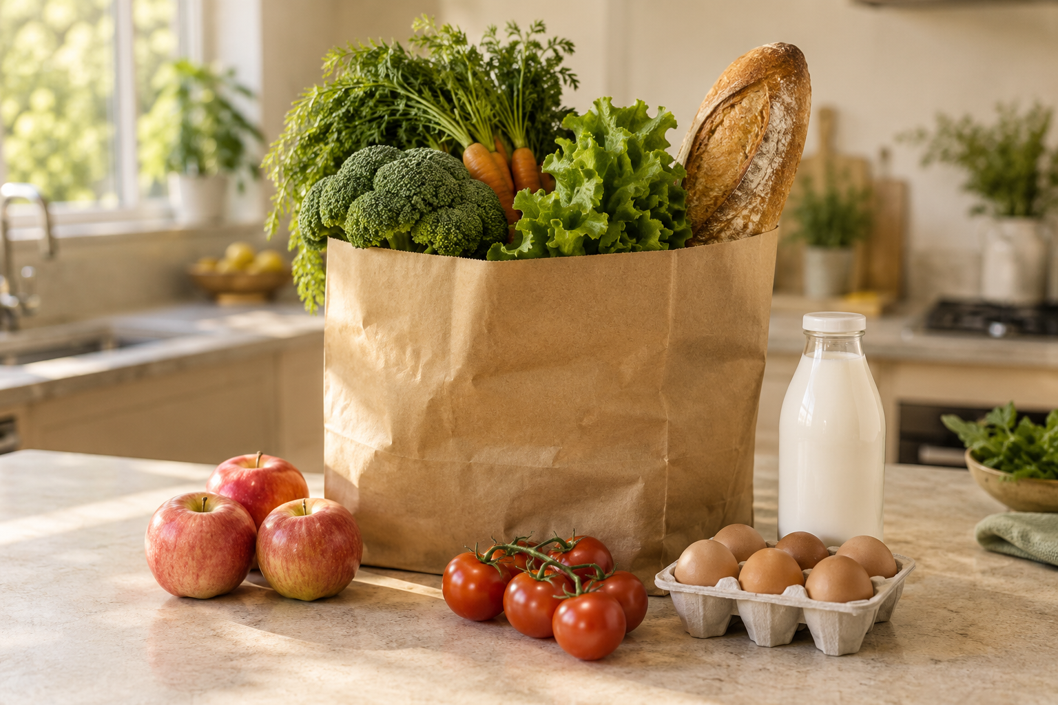 Fresh fruit, vegetables, bread and pantry staples thoughtfully arranged on a kitchen table